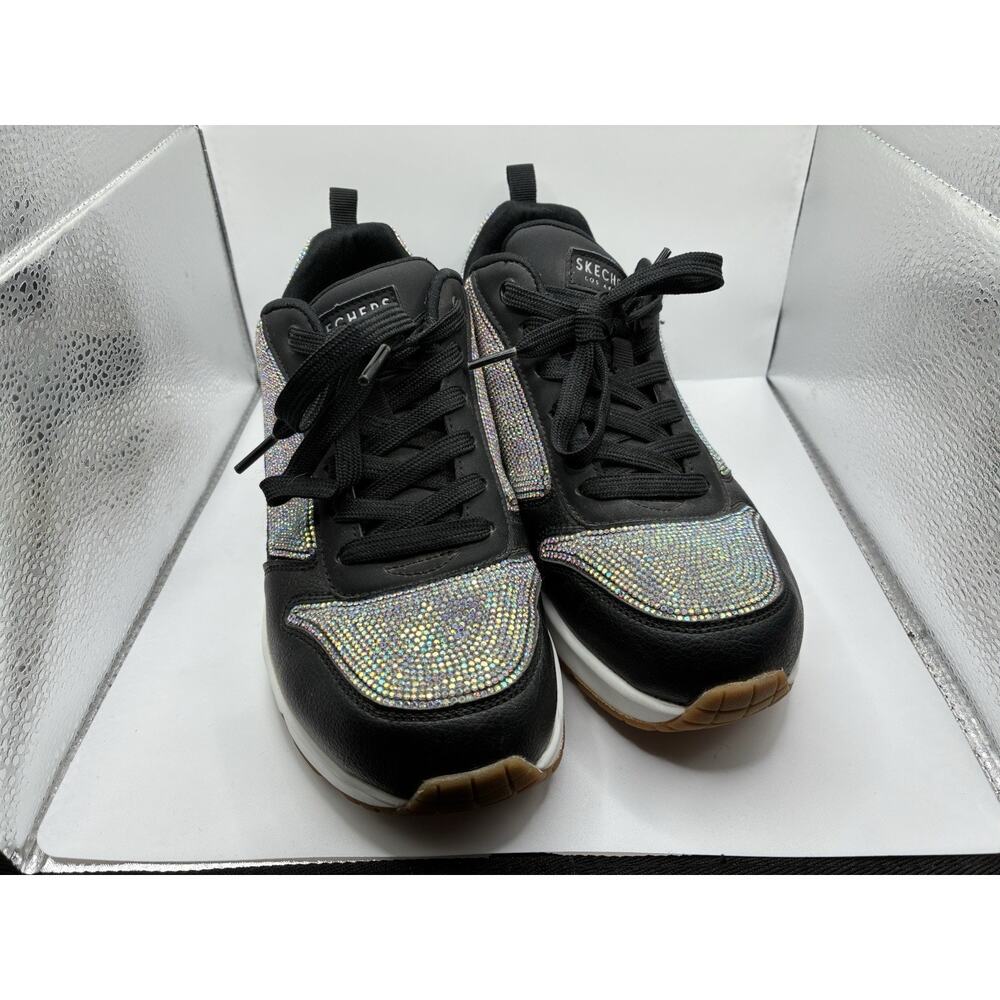 Skechers Uno Sparkle Motion Women's 8 Black Iridescent Rhinestone Sneaker Glam - Picture 3 of 6